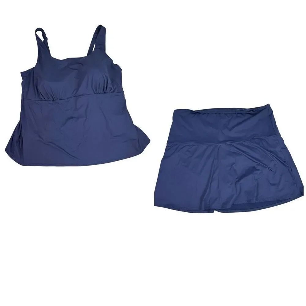 Lands End Women’s Tankini Blue 26W Underwire Top Swim Skirt